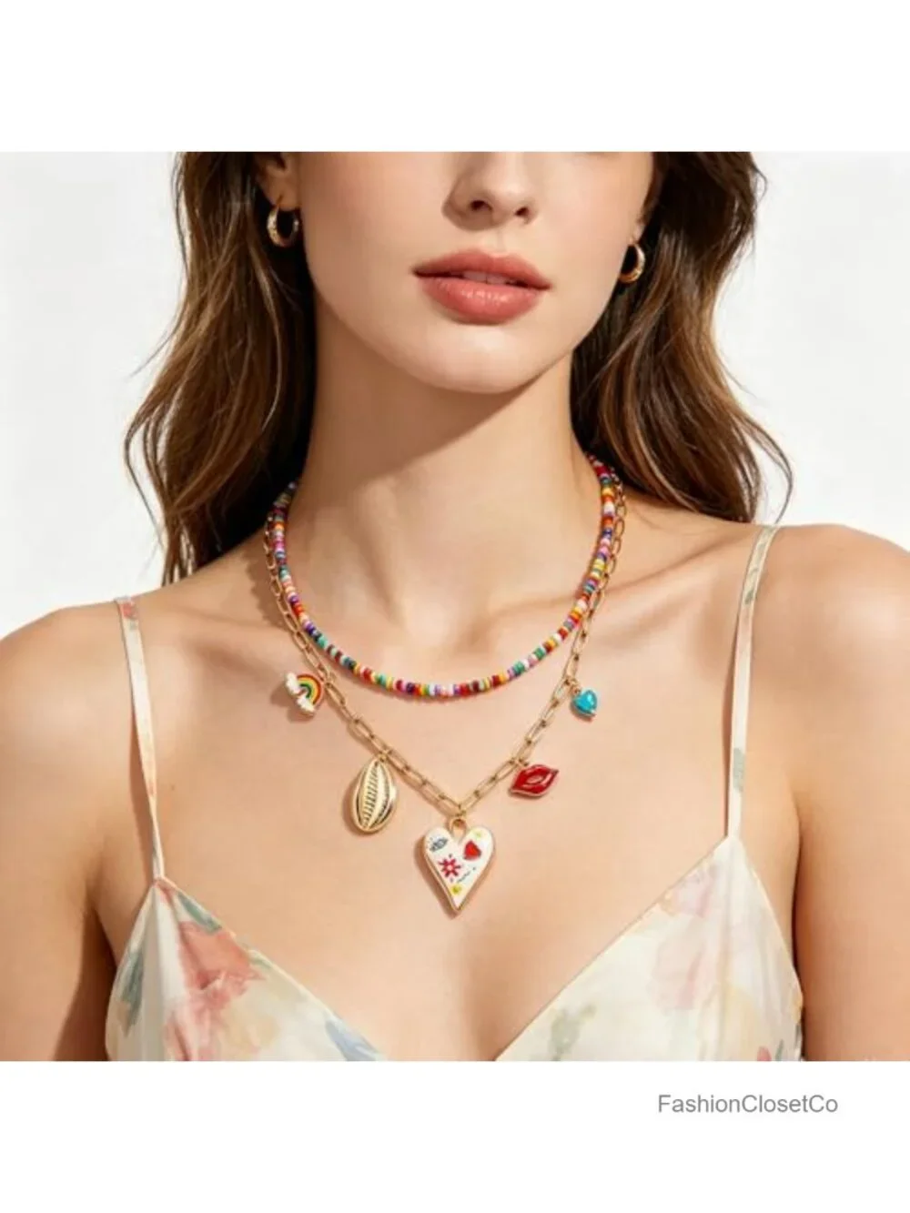 Layered Beaded Choker Necklace Set Evil Eye Heart Pendant Boho Dainty Statement